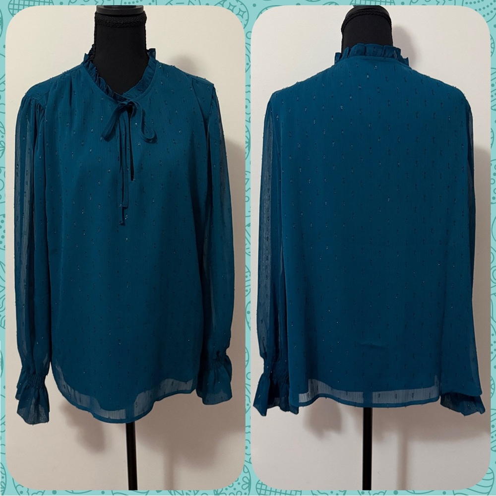 INC International Concepts Women’s Teal Ruffle Long Sleeve Blouse-size large